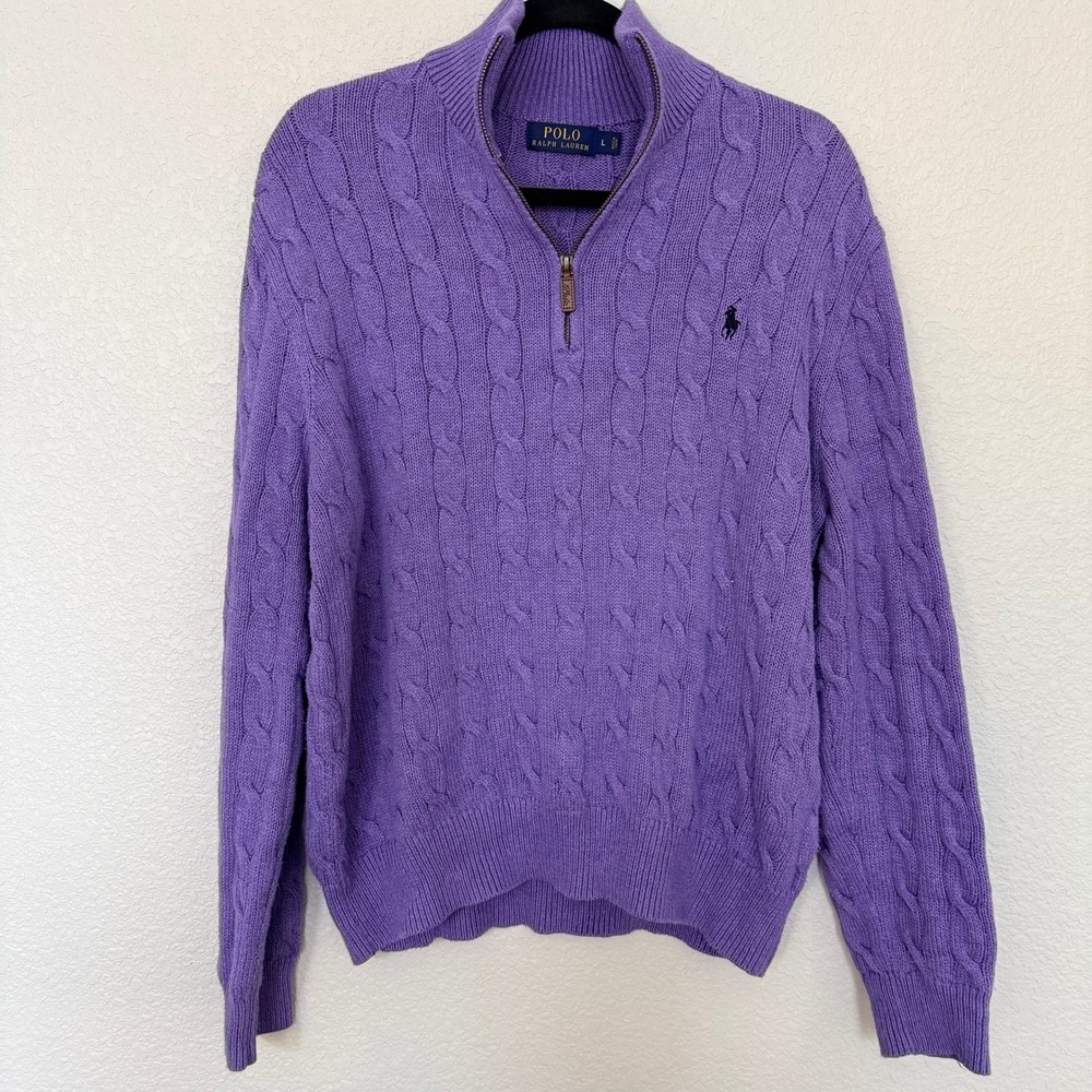 Polo Ralph Lauren Purple Cable Knit Quarter Zip Sweater Mens Large Leather Pull